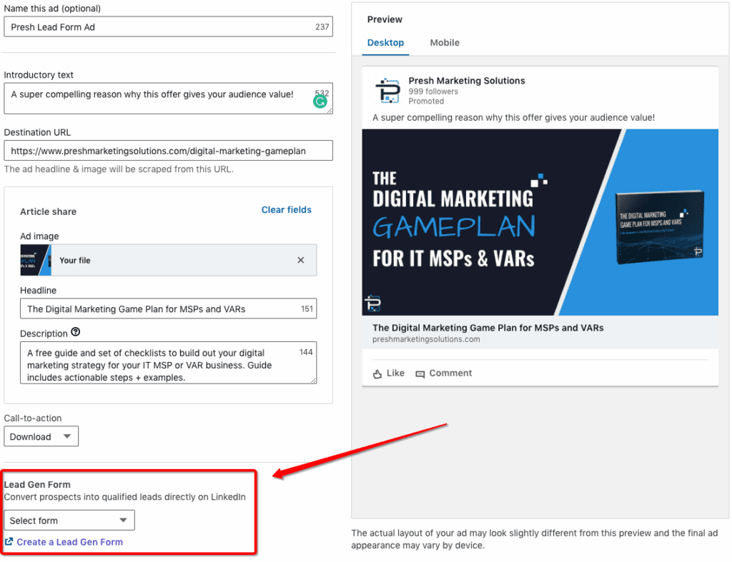 Linked In Create a Lead Gen Form