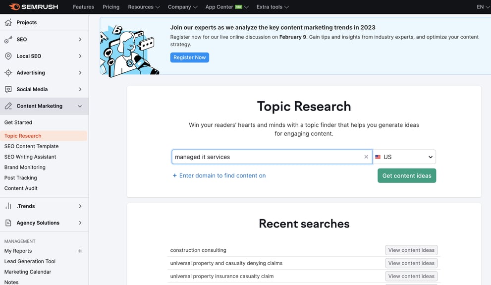 SEMRush Topic Research